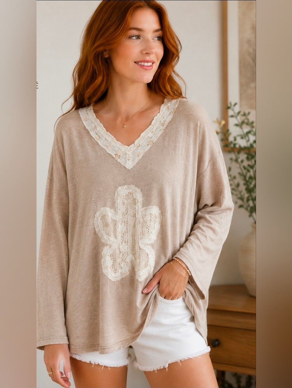 POL Beige Floral Lace Women's Top L NWOT